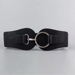 Black Elastic Adjustable Faux Leather Belt with Silver Buckle